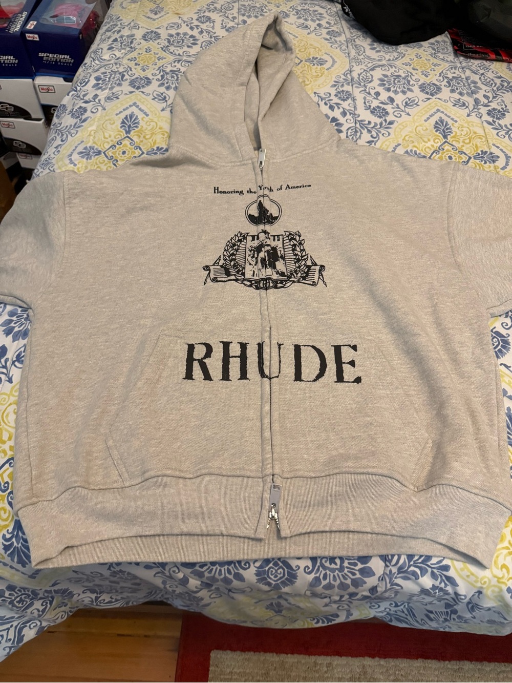 Rhude Light Men’s Gray Zip Up Hoodie with White Label